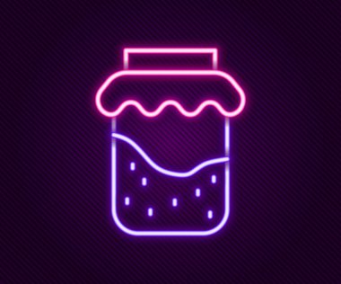 Parlayan neon hattı reçel kavanozu simgesi siyah arkaplanda izole edildi. Renkli taslak konsepti. Vektör.