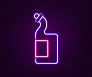 Parlayan neon hattı siyah arkaplanda izole edilmiş sıvı şişe ikonu. Bulaşık yıkamak için sıvı deterjan. Renkli taslak konsepti. Vektör.