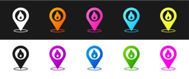 Harita işaretçisini siyah ve beyaz arkaplanda izole edilmiş ateş alev ikonu ile ayarla. Yakında yangın var. Vektör.