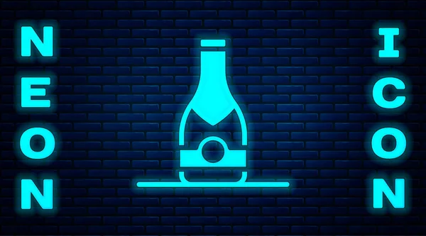 Glödande Neon Champagne Flaska Ikon Isolerad Tegel Vägg Bakgrund Vektor — Stock vektor