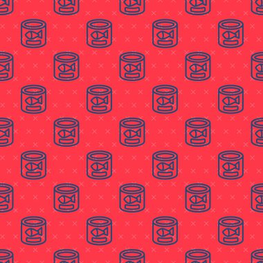 Mavi çizgi konserve balık ikonu kırmızı zeminde izole edilmiş kusursuz desen. Vektör.