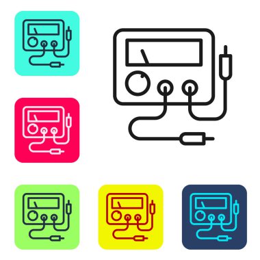 Siyah çizgi Ampere ölçer, multimetre, voltmetre simgesi beyaz arkaplanda izole edilmiş. Elektrik akımını ölçmek için araçlar. Renkli kare düğmelerle simgeleri ayarla. Vektör.