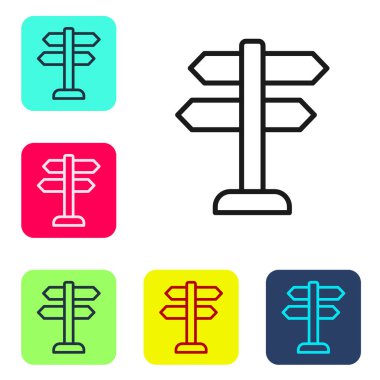 Siyah çizgi trafik levhası. Beyaz arkaplanda sinyal simgesi izole edildi. İşaretçi sembolü. İzole sokak bilgi levhası. Yön tabelası. Renkli kare düğmelerle simgeleri ayarla. Vektör.