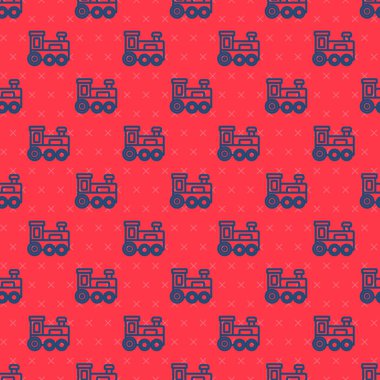 Mavi çizgi oyuncak tren ikonu kırmızı arkaplanda kusursuz desen izole etti. Vektör.