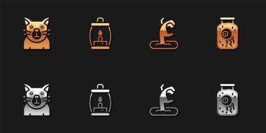 Set Cat, Camping lantern, Zombie hand and Eye jar icon. Vector.