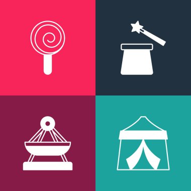 Pop sanat sirki çadırı, salıncak, sihirli şapka, değnek ve lolipop ikonu. Vektör.