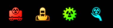 Set Radioactive cargo train, Nuclear reactor worker, and icon. Vector.