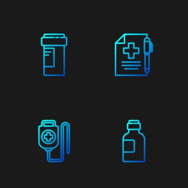 İlaç şurubu, serum torbası, ilaç şişesi, reçete ve kalem hazırlayın. Renk simgeleri. Vektör.