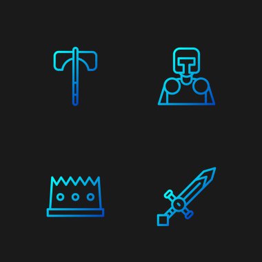 Ortaçağ kılıcı, kral tacı, balta ve şövalye. Renk simgeleri. Vektör.