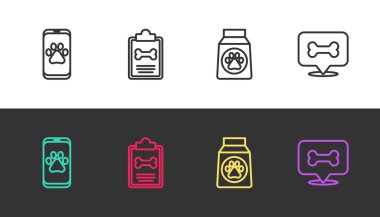 Veteriner kliniği, klinik kayıt evcil hayvanı, yemek torbası ve köpek kemiği. Vektör.