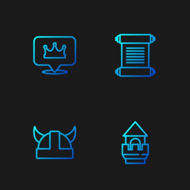 Kale kulesi, boynuzlu kasklı Viking, konum tacı ve ferman, parşömen, parşömen. Renk simgeleri. Vektör.