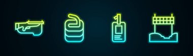 Biatlon tüfeği, saç maşası, kimlik kartı ve kurdele bitiş çizgisi. Parlayan neon ikonu. Vektör.
