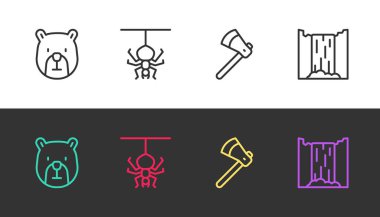 Ayı Ayı başı Örümcek Tahta balta ve Şelale 'yi siyah ve beyaz üzerine koyun. Vektör.