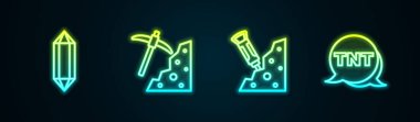 Gem Stone Pickaxe İnşaat matkabı ve Dinamit hattını ayarlayın. Parlayan neon ikonu. Vektör.