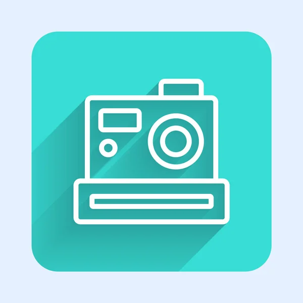 白い線長い影で隔離された写真カメラのアイコン フォトカメラ デジタル写真 緑の四角形のボタン ベクトル — ストックベクタ