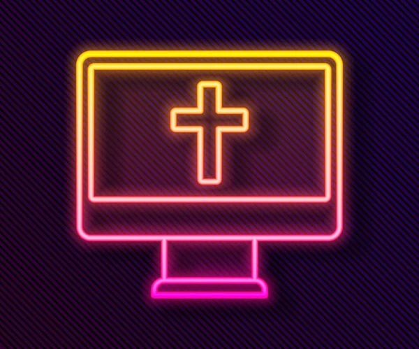 Glowing Neon Line Christian Cross Monitor Icon Isolated Black Background — Archivo Imágenes Vectoriales