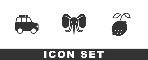 Conjunto Coche Elefante Limón Icono Vector — Vector de stock