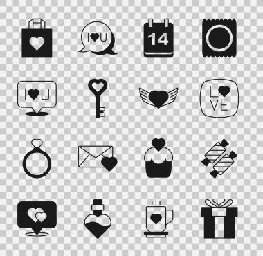 Hediye kutusu, Candy, Love mesajı, 14 Şubat takvimi, kalp şeklinde anahtar, konuşma balonu seni seviyorum, alışveriş torbası ve kalp kanatları ikonu. Vektör