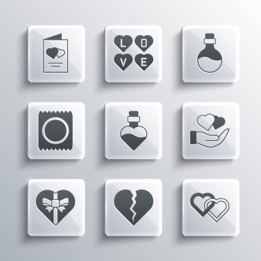 Kırık Kalp ya da Boşanma, İki Bağlı Kalp, Aşk İksiri Şişesi, Şeker Şekeri Kutusu, Kondom Paketi Sevgililer Günü broşürü ve ikonu. Vektör