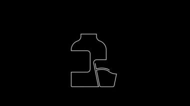 White line Bottle of medicine syrup and dose measuring cup solid icon isolated on black background. 4K Video motion graphic animation.