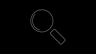 White line Magnifying glass for search medical icon isolated on black background. Hospital search. 4K Video motion graphic animation.