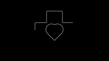 Siyah arka planda izole edilmiş haç sembollü beyaz çizgi kalp. İlk yardım. Sağlık, tıbbi ve eczane işaretleri. 4K Video hareketli grafik canlandırması.