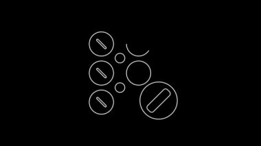 Siyah arka planda izole edilmiş beyaz çizgi hapları. İlaç paketi. Tablet, vitamin, antibiyotik, aspirin. 4K Video hareketli grafik canlandırması.