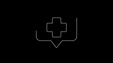 Siyah zemin üzerinde hastane simgesi olan beyaz çizgi tıbbi harita işaretçisi. 4K Video hareketli grafik canlandırması.