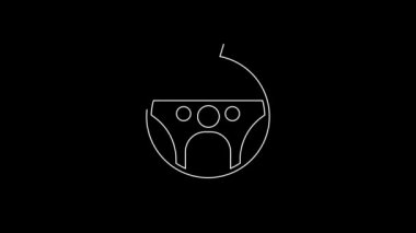 Beyaz çizgi direksiyon simgesi siyah arkaplanda izole edildi. Araba tekeri ikonu. 4K Video hareketli grafik canlandırması.