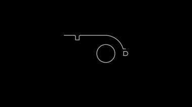 Beyaz çizgi Whistle simgesi siyah arkaplanda izole edildi. Hakem sembolü. Spor ve spor burcu. 4K Video hareketli grafik canlandırması.