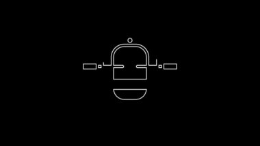 Beyaz çizgili Rafting teknesi simgesi siyah arka planda izole edildi. Kürekleri olan şişme bir tekne. Su sporları, ekstrem sporlar, tatil, tatil. 4K Video hareketli grafik canlandırması.