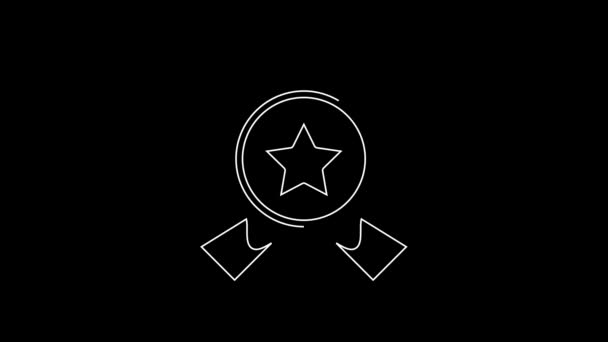 黒の背景に星のアイコンが隔離されたホワイトラインメダル 受賞者の達成サイン メダル受賞 4Kビデオモーショングラフィックアニメーション — ストック動画