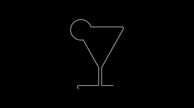 Siyah arka planda beyaz çizgi martini cam ikonu var. Kokteyl ikonu. Şarap kadehi ikonu. 4K Video hareketli grafik canlandırması.