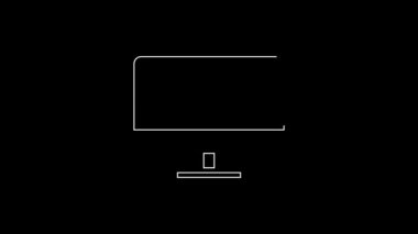Beyaz çizgi bilgisayar ekranı simgesi siyah arkaplanda izole edildi. Elektronik cihaz. Ön manzara. 4K Video hareketli grafik canlandırması.