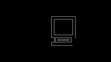 Beyaz çizgi bilgisayar monitörü simgesi siyah arkaplanda izole edildi. Bilgisayar bileşeni işareti. 4K Video hareketli grafik canlandırması.