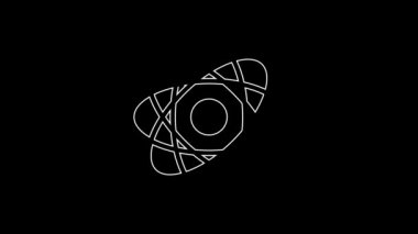 Beyaz çizgi Atom simgesi siyah arkaplanda izole edildi. Bilimin, eğitimin, nükleer fiziğin, bilimsel araştırmaların sembolü. 4K Video hareketli grafik canlandırması.