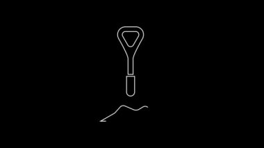 Yer ikonundaki beyaz çizgi küreği siyah arkaplanda izole edilmiş. Bahçe aletleri. Bahçecilik, tarım, çiftçilik aleti. 4K Video hareketli grafik canlandırması.