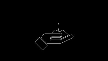 White line Plant in hand of environmental protection icon isolated on black background. Seed and seedling. Planting sapling. 4K Video motion graphic animation.