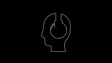 Siyah arka planda izole edilmiş kulaklık simgesi olan beyaz çizgi adamı. Destek operatörü hatta. Çağrı merkezi konsepti, müşteri destek servisi. 4K Video hareketli grafik canlandırması.