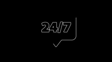 Siyah arkaplanda 24 saat izole edilmiş beyaz çizgi saat simgesi. Tüm gün döngü simgesi. 24 saat hizmet sembolü. 4K Video hareketli grafik canlandırması.