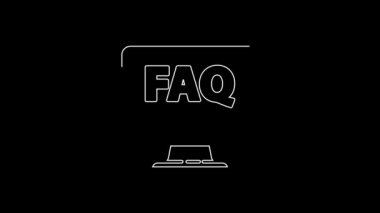 White line Computer monitor and FAQ icon isolated on black background. Adjusting, service, setting, maintenance, repair, fixing. 4K Video motion graphic animation.