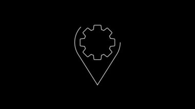 White line Location with gear icon isolated on black background. 4K Video motion graphic animation.