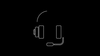 Beyaz çizgi kulaklık simgesi siyah arkaplanda izole edildi. Müşteri hizmetleri, yardım hattı, çağrı merkezi, faq, bakım. 4K Video hareketli grafik canlandırması.