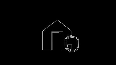 Beyaz Saray koruma altında. Siyah arka planda izole edilmiş bir ikon. Ev ve kalkan. Koruma, güvenlik, güvenlik, koruma, savunma konsepti. 4K Video hareketli grafik canlandırması.