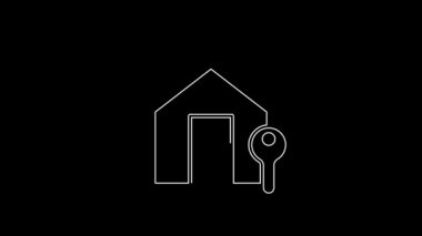 White line House with key icon isolated on black background. The concept of the house turnkey. 4K Video motion graphic animation.