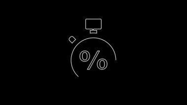 White line Stopwatch and percent icon isolated on black background. Time timer sign. 4K Video motion graphic animation.