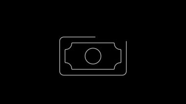 Beyaz çizgi, kağıt para yığını siyah arka planda izole nakit ikonu. Para desteleri. Para birimi. 4K Video hareketli grafik canlandırması.