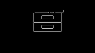 Siyah arkaplanda belge simgesi olan beyaz çizgili çekmece. Arşiv çekmecesi. Dosya dolabı çekmecesi. Ofis mobilyası. 4K Video hareketli grafik canlandırması.