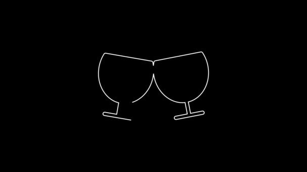 White line Glass of cognac or brandy icon isolated on black background. 4K Video motion graphic animation.