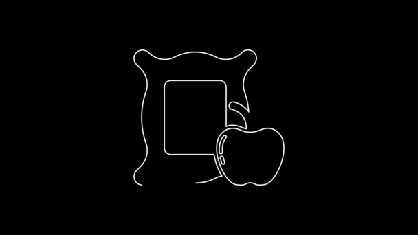 Белая Линия Apple Мешок Значок Изолирован Черном Фоне Яблоки Холсте — стоковое видео